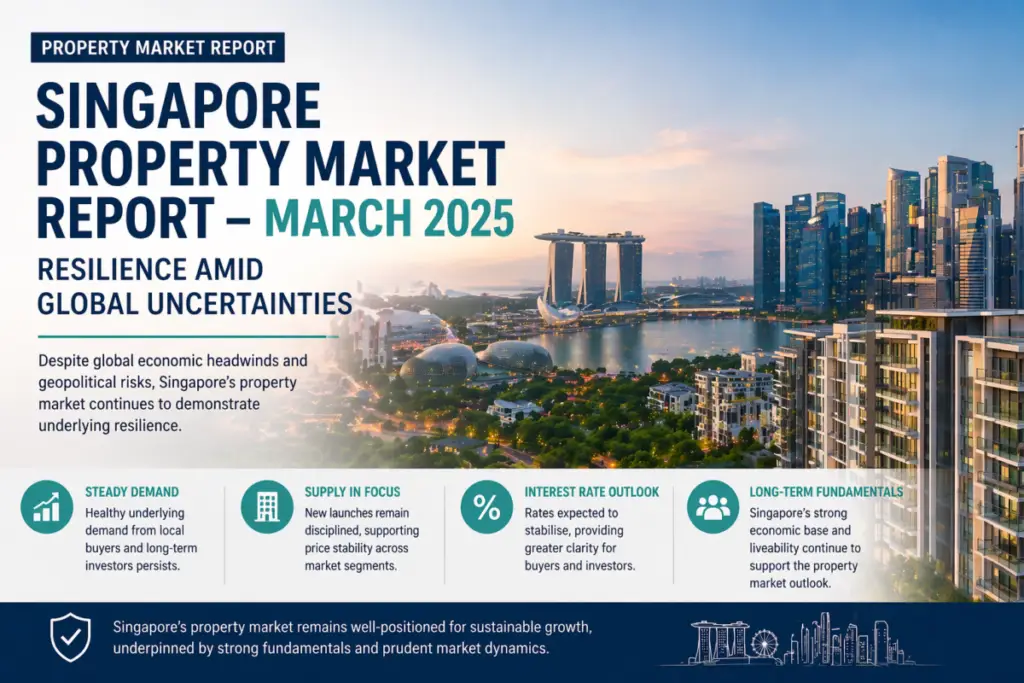 Cover image for a Singapore property market report with a city skyline at sunset and the headline 'Singapore Property Market Report – March 2025' in bold letters, conveying resilience amid global uncertainties.