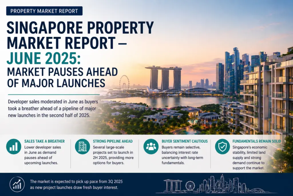 Infographic cover: Singapore property market report June 2025 with skyline and Marina Bay Sands at sunset; four summary boxes/icons at bottom.