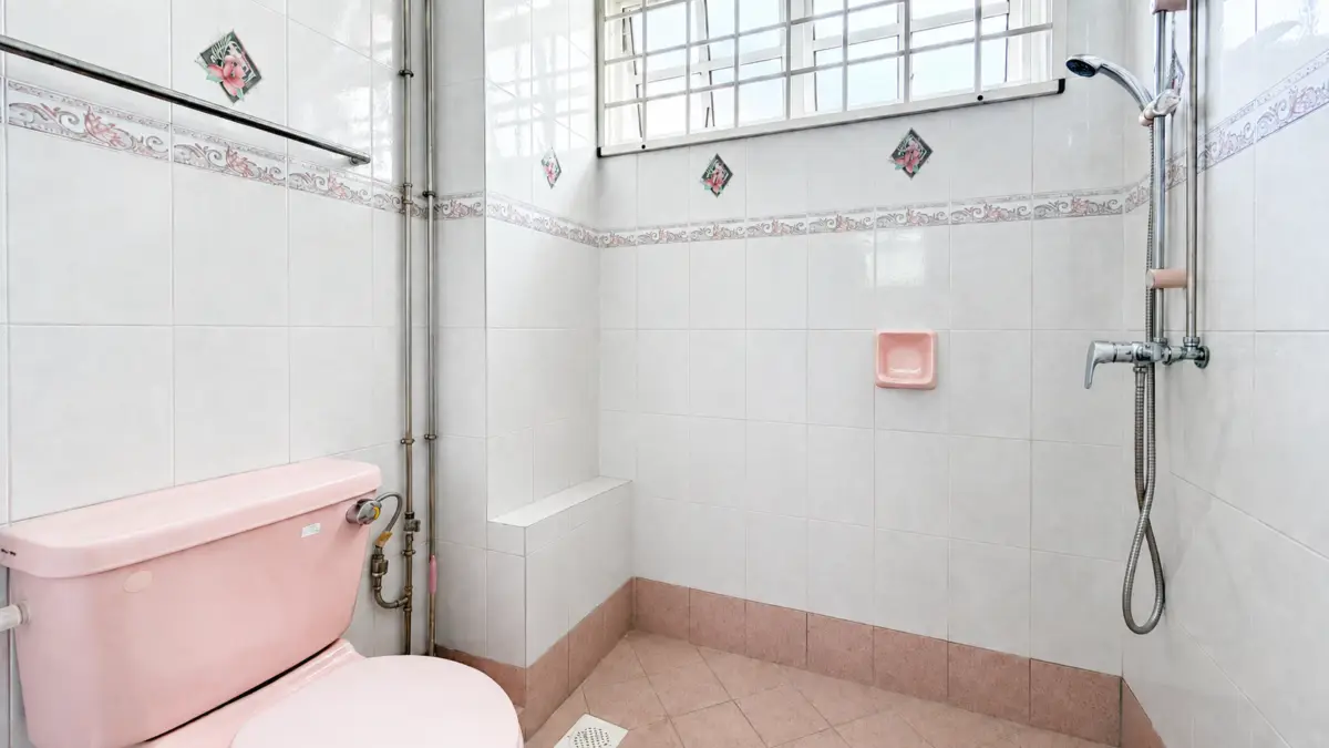 Pink toilet in a tiled bathroom with a handheld shower and a pink soap dish on the wall.