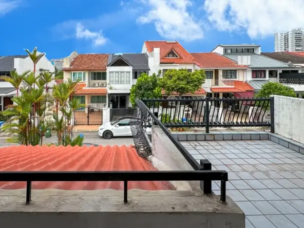 Rooftop tiled terrace with a black railing overlooks a street of colorful two-story houses under a blue sky; palm plants are in the foreground.