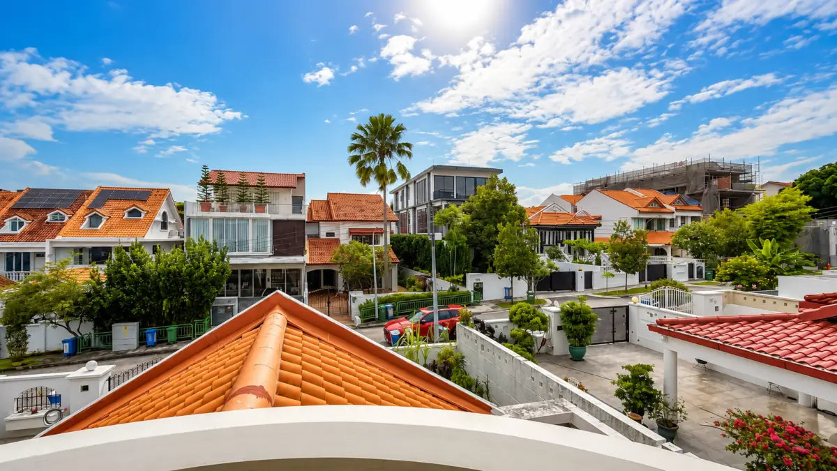 Sunny suburban street with white houses and orange-tiled roofs, a tall palm tree in the center, and a bright blue sky with scattered clouds.