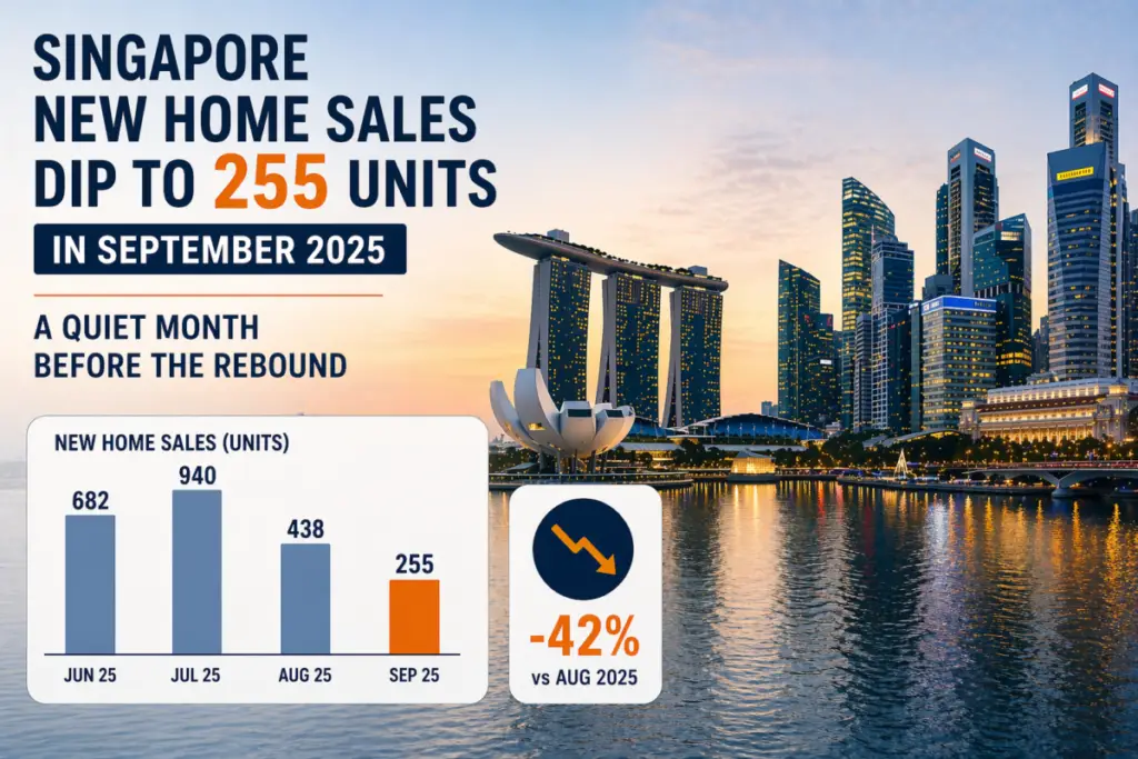 Infographic: Singapore new home sales dip to 255 units in September 2025, with a bar chart (Jun–Sep) and a -42% vs Aug 2025 indicator over a city skyline background.