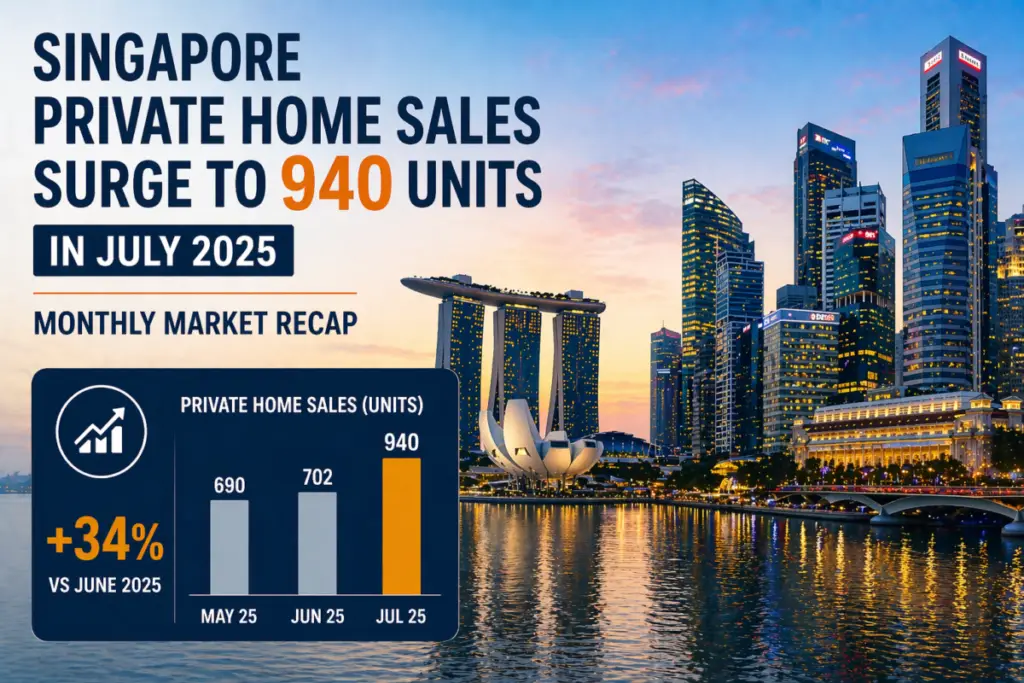 Singapore skyline at sunset with bold headline announcing July 2025 private home sales at 940 units; chart shows May 690, Jun 702, Jul 940 and +34% vs June.
