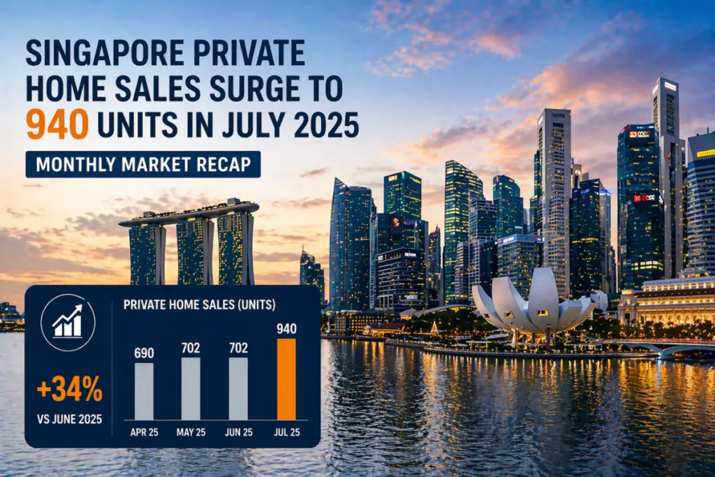 Singapore skyline banner with a market recap card: private home sales rise to 940 units in July 2025 (+34% vs June 2025).