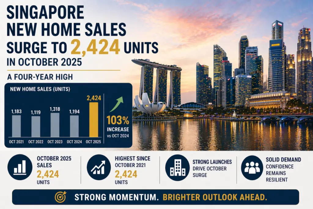 Infographic showing Singapore new home sales surged to 2,424 units in Oct 2025, a 103% year-over-year increase.