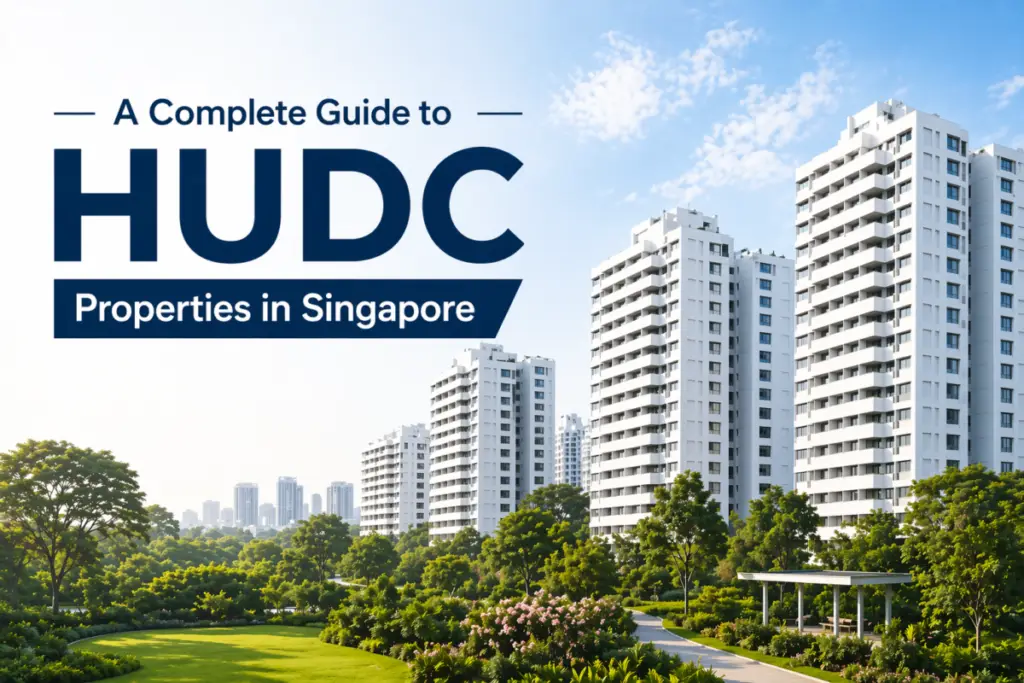 Promotional banner for HUDC Properties in Singapore: white high-rise apartments with lush greenery and a clear blue sky, featuring bold headline text.