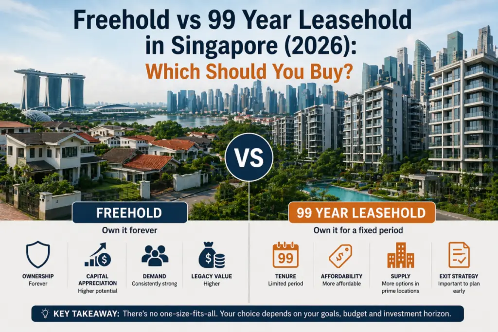Infographic comparing Freehold vs 99-Year Leasehold in Singapore, showing ownership benefits (left) and fixed-term advantages (right) with a cityscape background and 'VS' in the center.