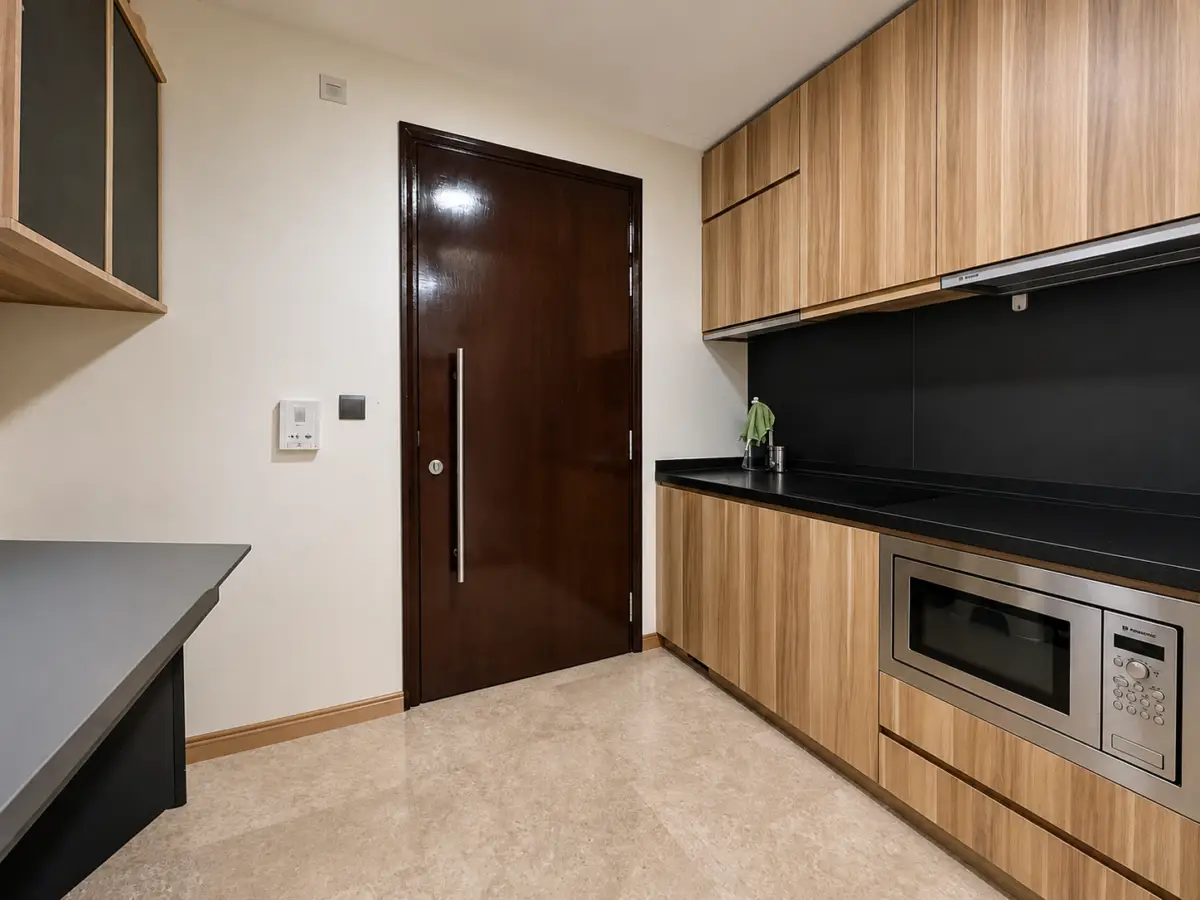 Modern kitchen with light wood cabinets, black countertop, and a tall dark wooden door in the center.