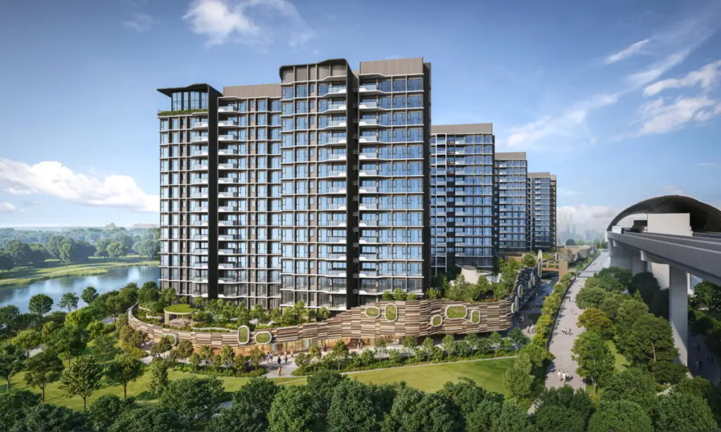 Modern high-rise residential complex along a river with landscaped terraces and a pedestrian promenade nearby?