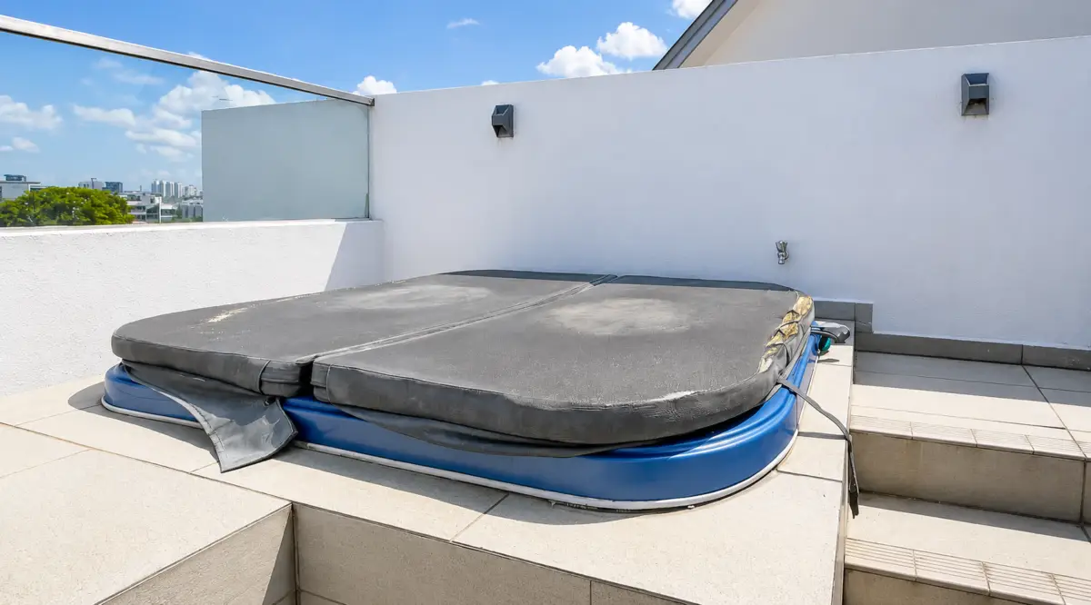 Rooftop terrace with a large, closed hot tub covered by a dark cover on a blue base, against white walls and a bright blue sky.