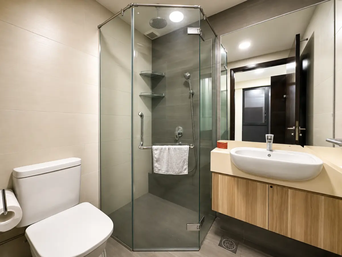 Modern bathroom with a glass shower enclosure, toilet and wooden vanity with oval sink.