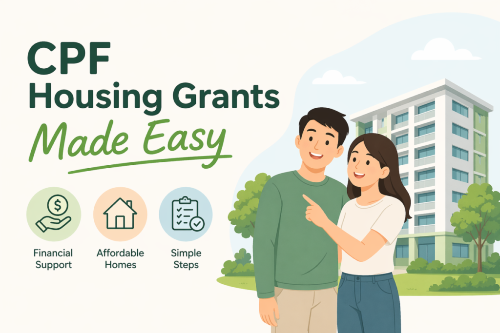 Illustration promoting CPF housing grants: couple in front of a building with three icons for financial support, affordable homes, and simple steps.
