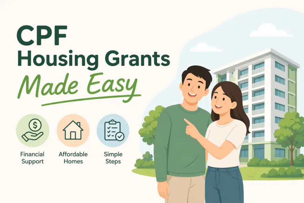 Illustration promoting CPF housing grants: couple in front of a building with three icons for financial support, affordable homes, and simple steps.