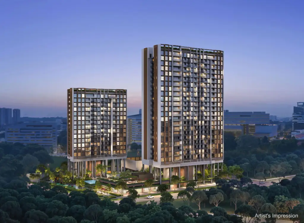 Two modern twin high-rise residential towers with a shared podium, set in a green urban park at dusk.