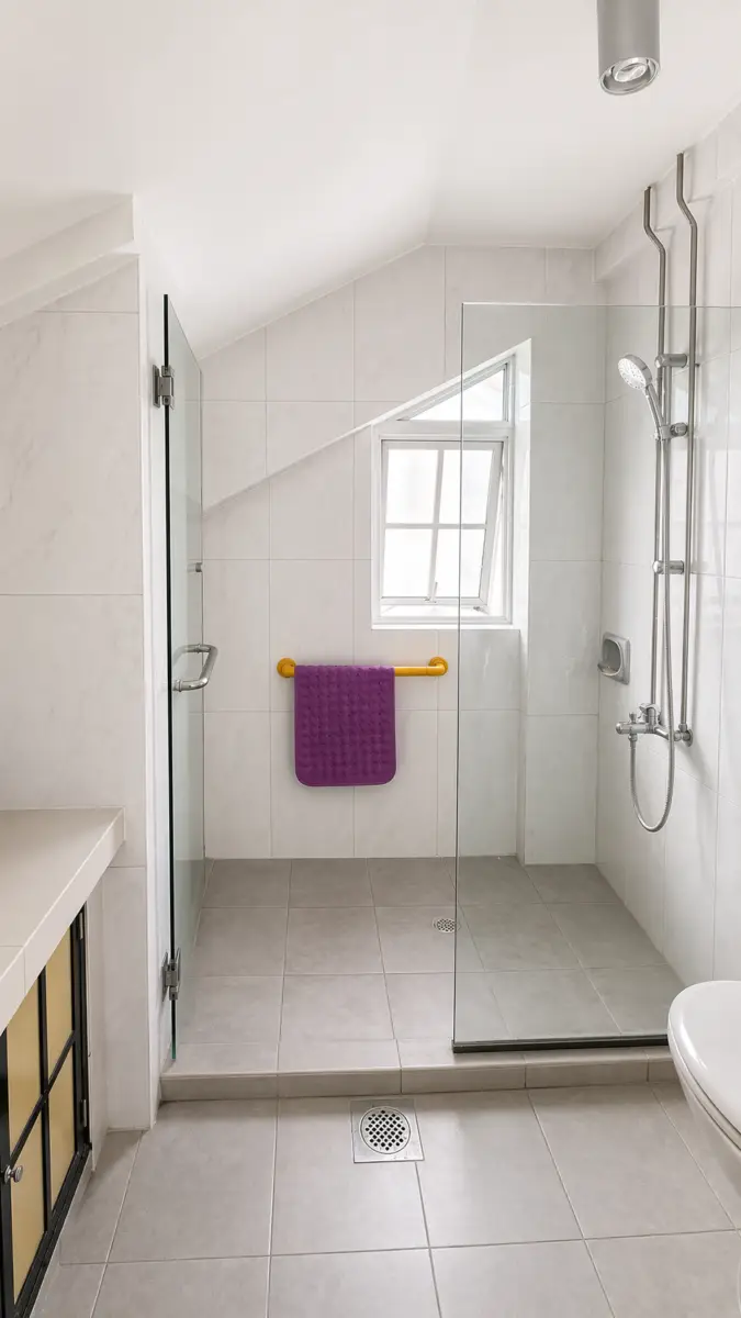 Modern bathroom with glass-walled shower, a purple towel on a yellow towel bar, and a gray tiled floor.