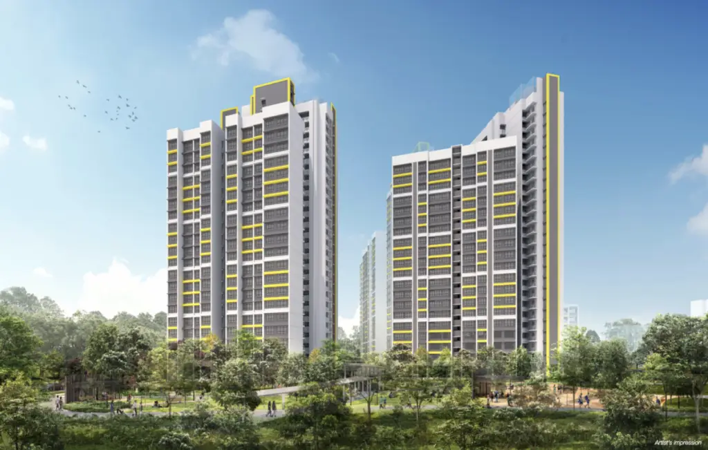 Two modern high-rise apartment buildings with yellow accents flanking a landscaped green park under a blue sky.