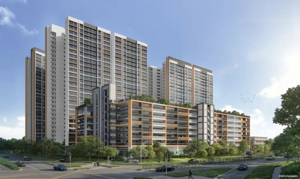 Modern residential complex with tall, glass-clad towers atop a multi-level podium, greenery on rooftops, and surrounding roads and trees.