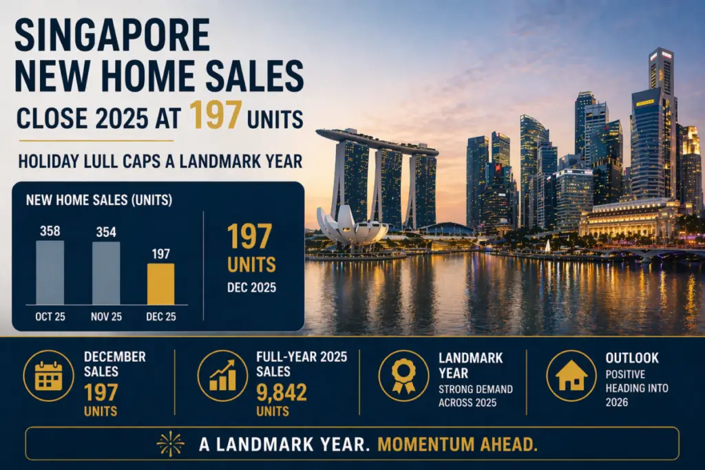 Infographic about Singapore new home sales with a city skyline; highlights 197 units in December 2025 and a full-year outlook.