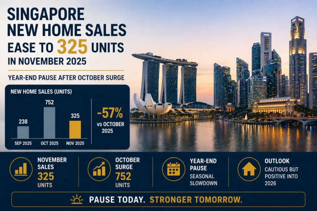 Infographic showing Singapore new home sales: 238 Sep 2025, 752 Oct 2025, 325 Nov 2025; -57% vs Oct 2025 with a skyline background.