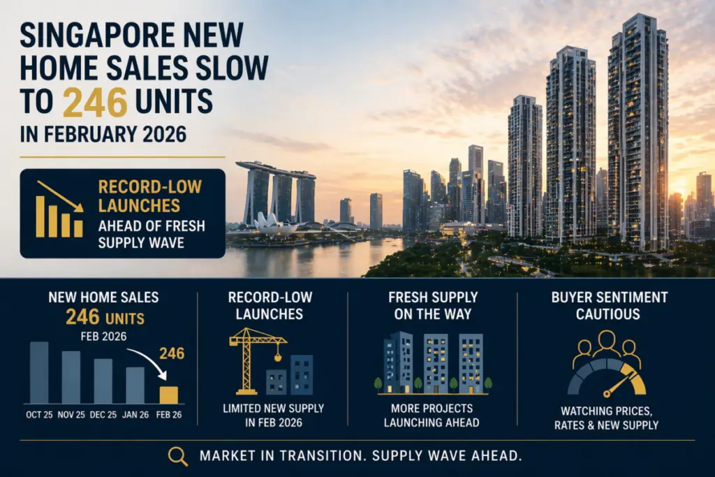 Infographic showing Singapore home sales at 246 units in Feb 2026 with a city skyline at sunset and a chart summary below.