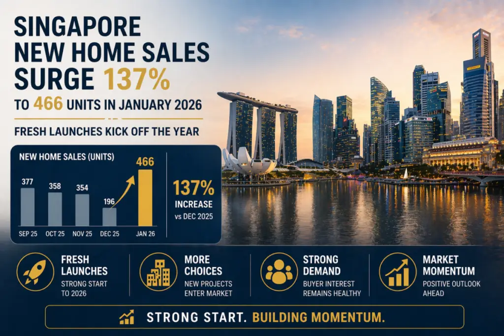 Infographic showing Singapore new home sales surge to 466 units in January 2026, a 137% increase, with a city skyline backdrop.