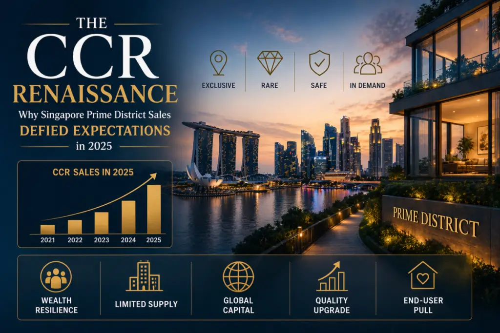 Promotional banner for The CCR Renaissance in Singapore’s Prime District with a 2025 sales chart and icon set (Exclusive, Rare, Safe, In Demand) and bottom-row themes (Wealth Resilience, Limited Supply, Global Capital, Quality Upgrade, End-User Pull).