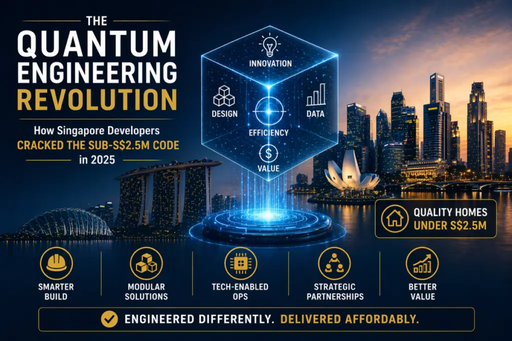 Promotional banner about 'The Quantum Engineering Revolution' with a futuristic cube showing innovation, design, data, efficiency, and value over a city skyline site.
