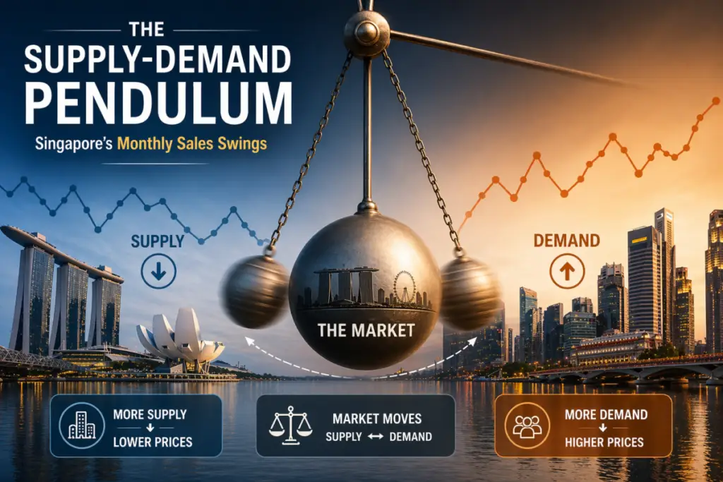 Infographic about supply and demand pendulum over the Singapore skyline, showing supply down and demand up with market in the center and arrows guiding the idea of price movement.