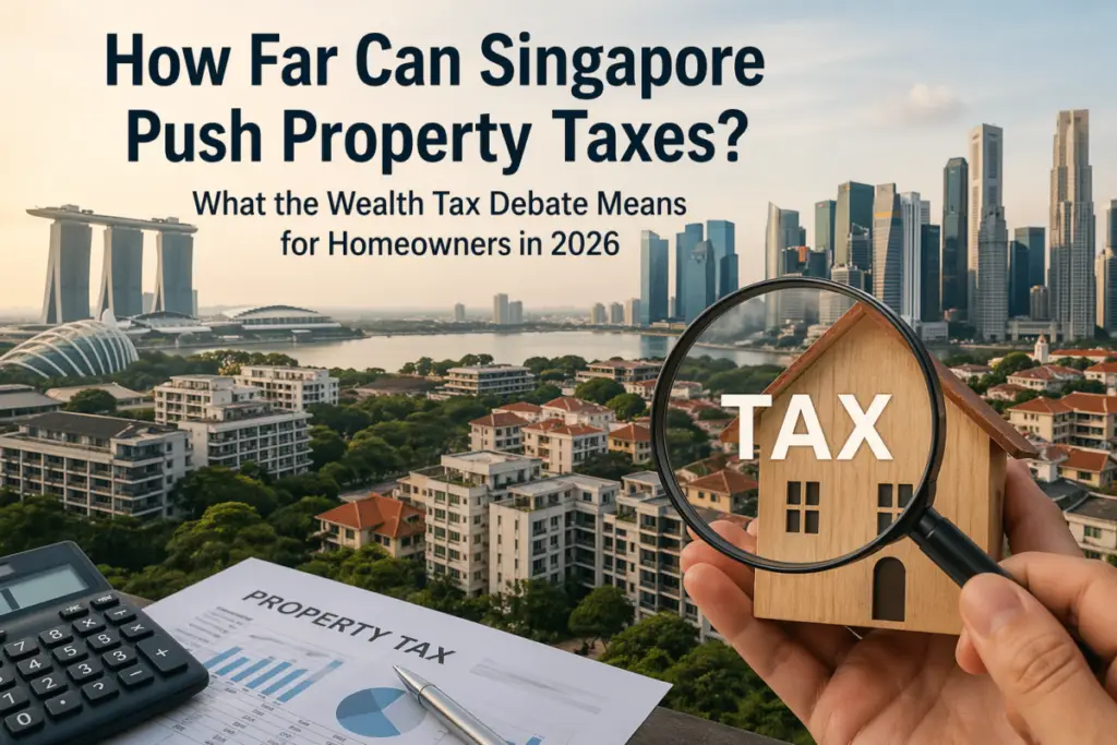 City skyline with Marina Bay Sands and a magnifying glass over a wooden house labeled TAX, beside property tax documents—illustrating Singapore property tax discourse.