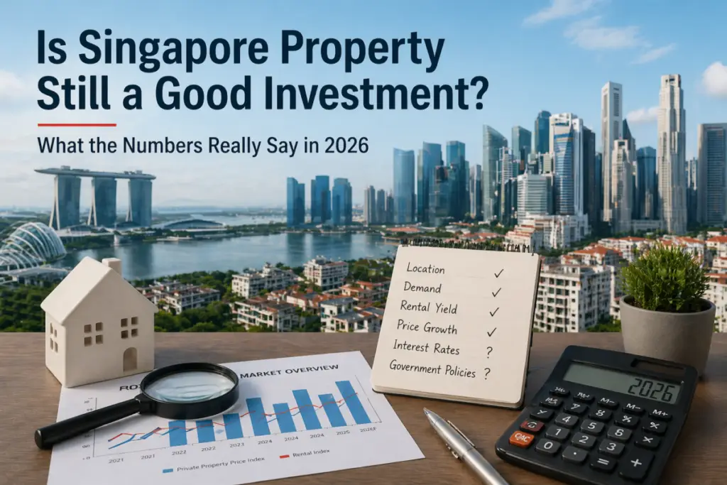Desk scene of Singapore skyline with a house model, magnifying glass, market chart, notebook of property factors, and a calculator—illustrating property investment analysis in 2026.