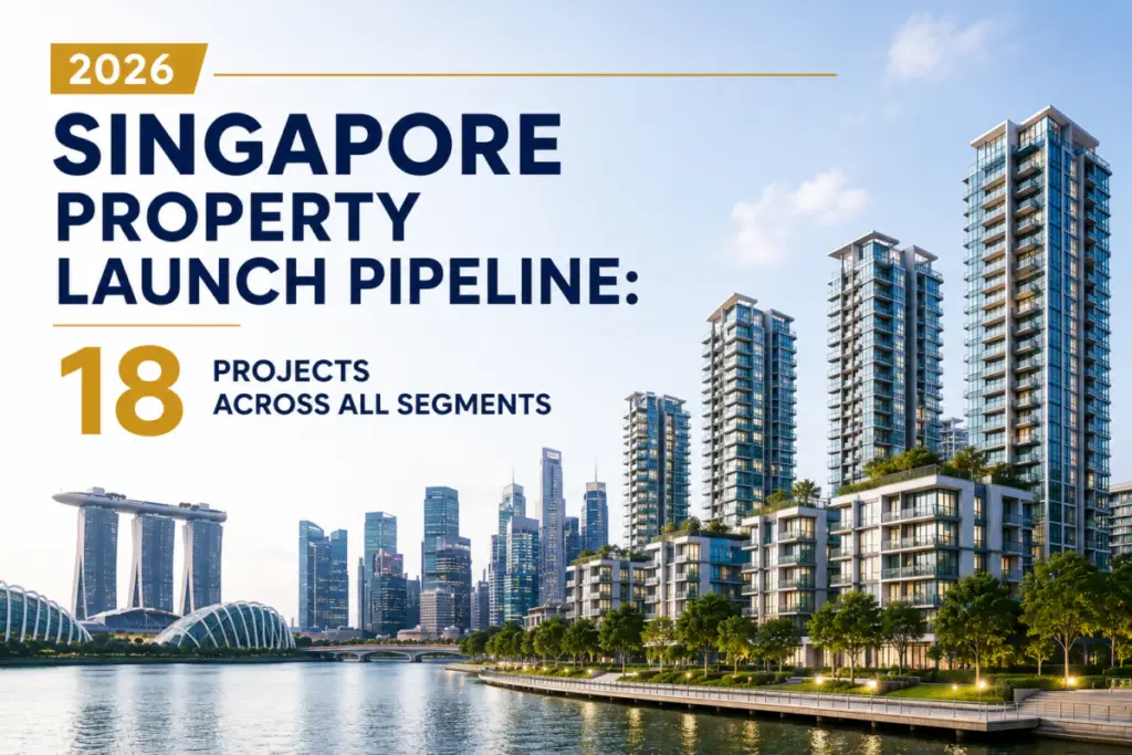 Promotional image: '2026 Singapore Property Launch Pipeline: 18 projects across all segments' over a skyline of modern high-rise buildings along a waterfront.
