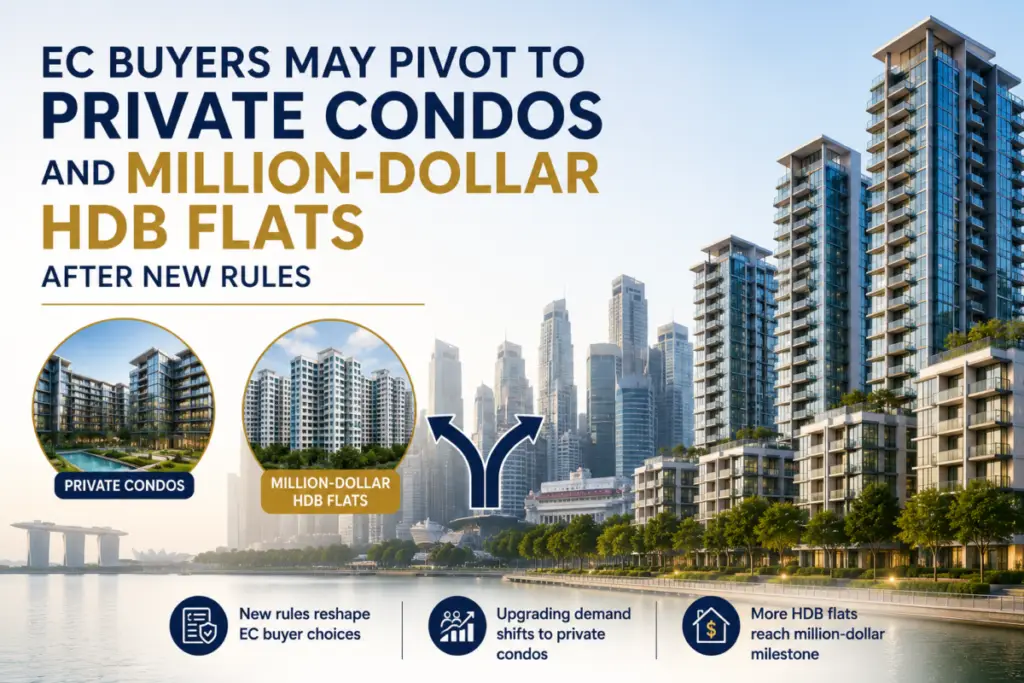 Infographic: EC buyers may pivot to private condos and million-dollar HDB flats after new rules, with skyline and circular icons labeled Private Condos and Million-Dollar HDB Flats.