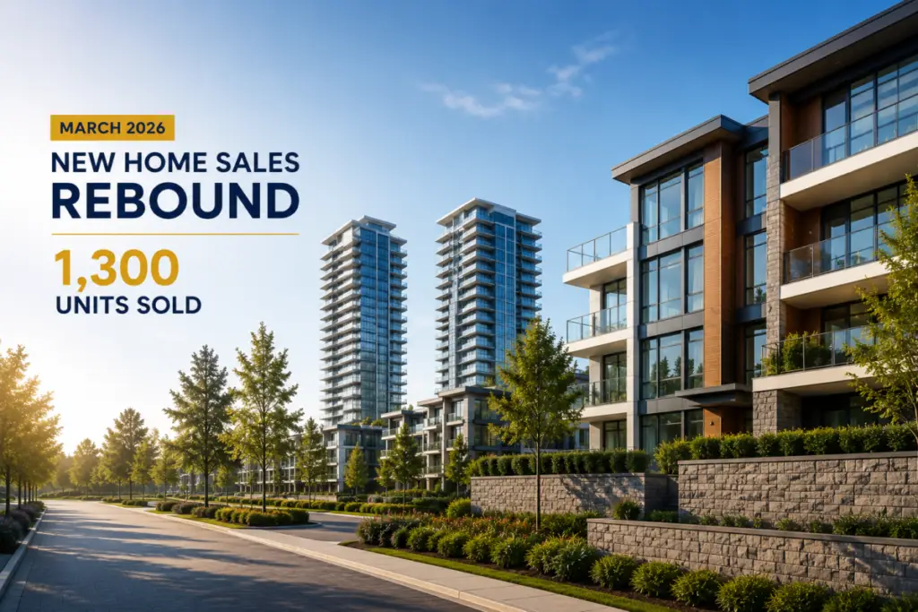 New home sales rebound with text: 1,300 units sold in front of modern residential buildings. March 2026 graphic.