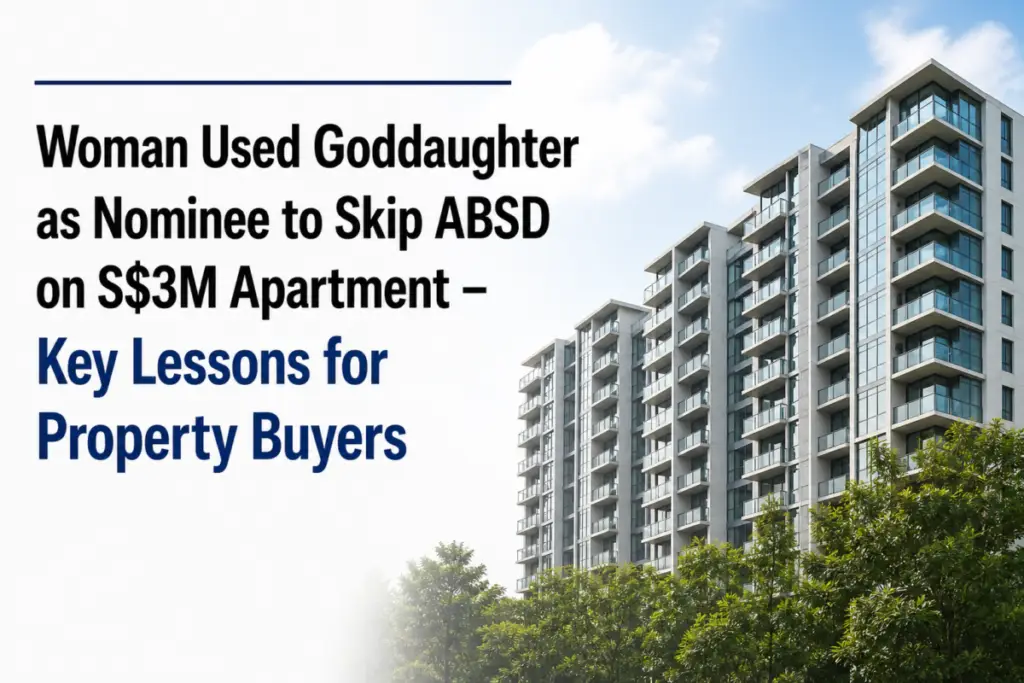 Headline-style thumbnail: woman used goddaughter as nominee to skip ABS D on a $3M apartment; bold text on left with a modern apartment building on the right.