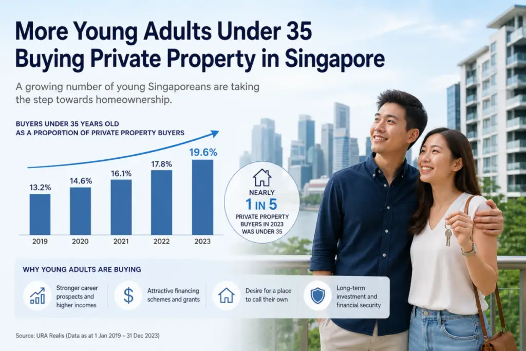 Infographic: rising share of under-35 private property buyers in Singapore from 13.2% (2019) to 19.6% (2023), with a cheerful couple beside the skyline.