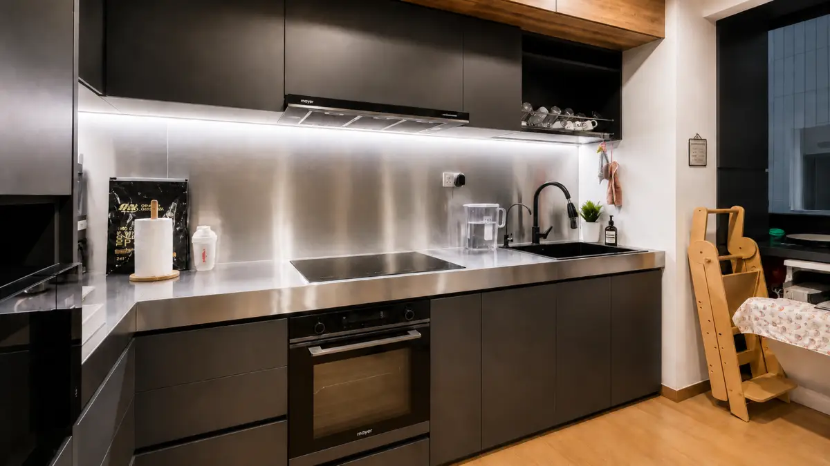 Sleek dark kitchen with stainless steel countertops, built-in oven, induction hob, and a double sink with a black faucet.