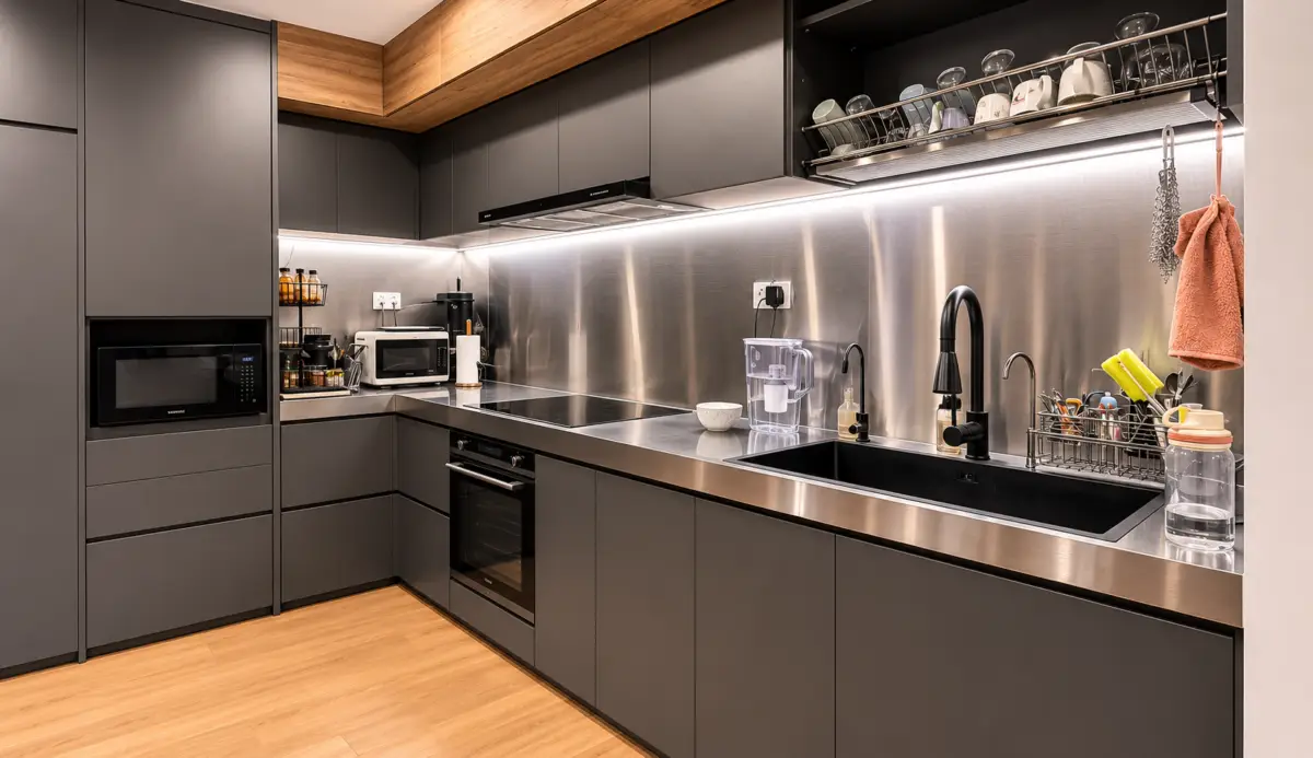 Modern L-shaped kitchen with dark gray cabinets, stainless steel backsplash, and built-in oven and microwave under warmwood accents.