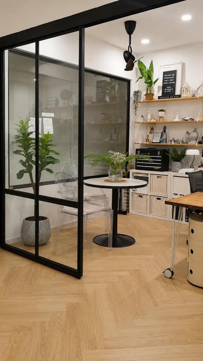 Modern office nook with a glass partition, round marble-table and transparent chairs, potted plants, and a wooden shelving unit with decor; light wood floor across the room.