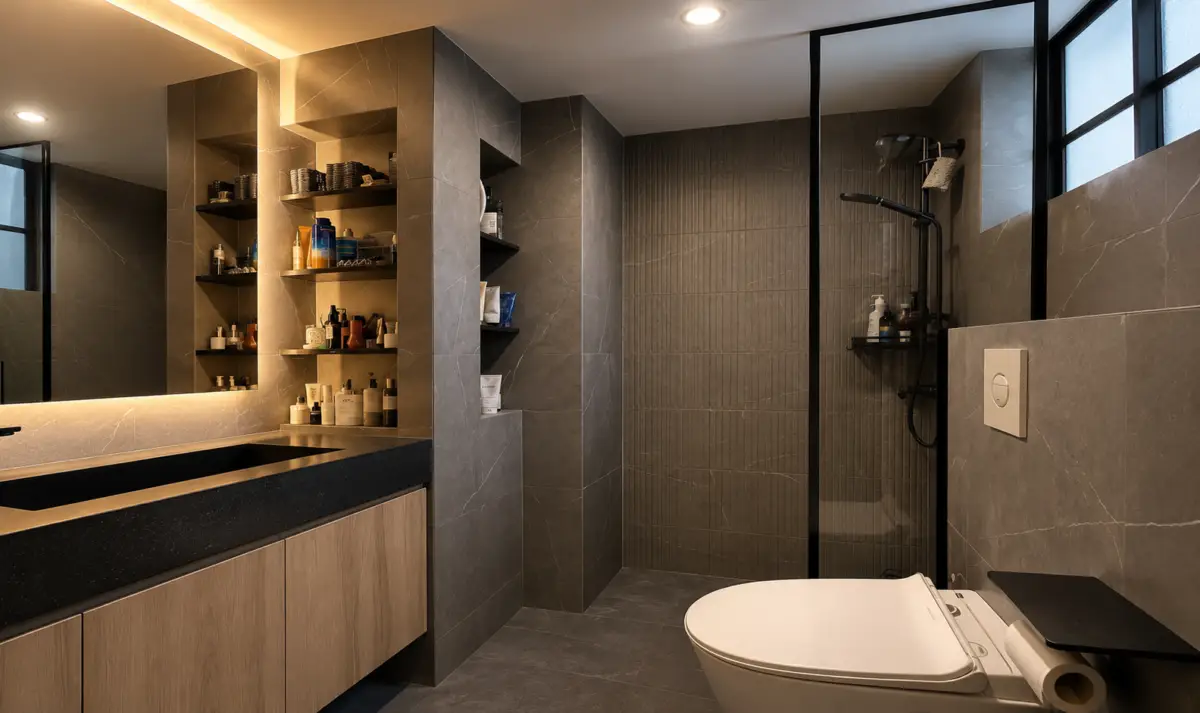 Modern gray-tiled bathroom with open shelves of toiletries, a black countertop vanity, and a glass-walled shower.