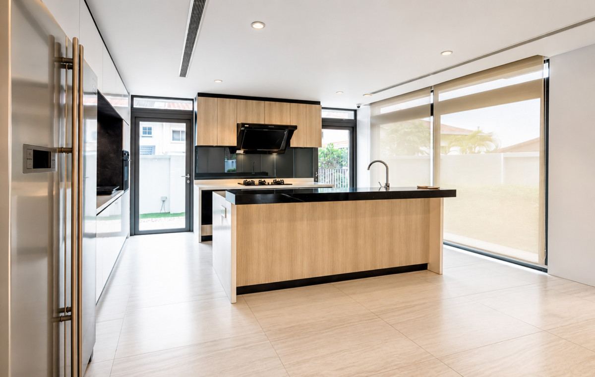 Modern kitchen with a large wood island, black countertop, stainless fridge, and gas cooktop under a range hood; bright, airy space with glass doors to the yard.