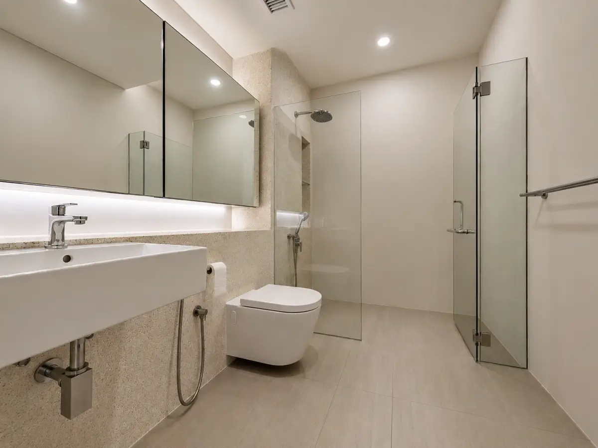 Modern bathroom with a large mirrored cabinet above a rectangular white sink, chrome faucet, and glass shower enclosure.