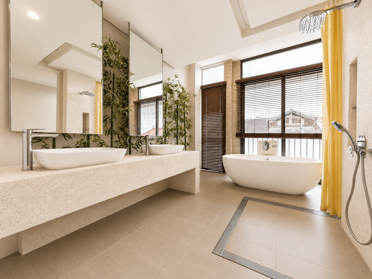 Spa-like bathroom with dual vessel sinks, long textured counter, and large mirrors above. A freestanding tub near windows with blinds and a yellow curtain; plants add greenery.