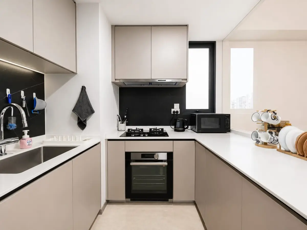 Modern L-shaped kitchen with beige cabinets, white countertops, black backsplash, sink, stove and built‑in oven.