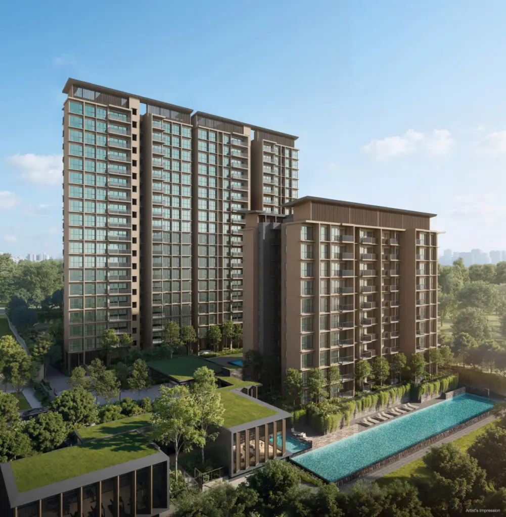 Modern residential complex with two tall towers, a shorter connecting building, and a long pool amid green landscaping.