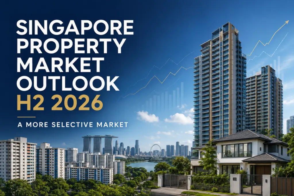 Singapore property market outlook H2 2026 — a skyline of high-rise apartments with the subtitle 'A More Selective Market'.