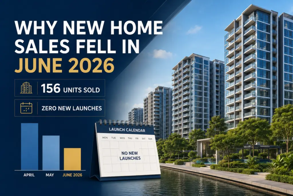 Promotional graphic explaining why new home sales fell in June 2026: 156 units sold, zero new launches, with a calendar noting no launches and a three-month bar chart against a city skyline of residential towers.