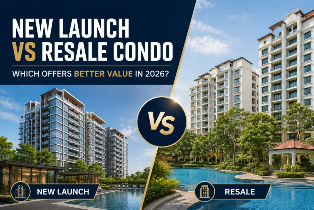 Banner comparing New Launch vs Resale condo; two modern condo towers, pool in foreground, and a central VS emblem on a diagonal split. (informative)