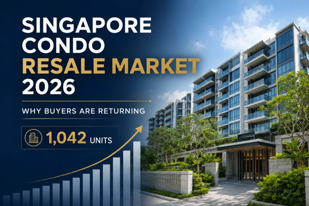 Promotional banner: Singapore condo resale market 2026; shows a modern condo building and a rising bar chart.
