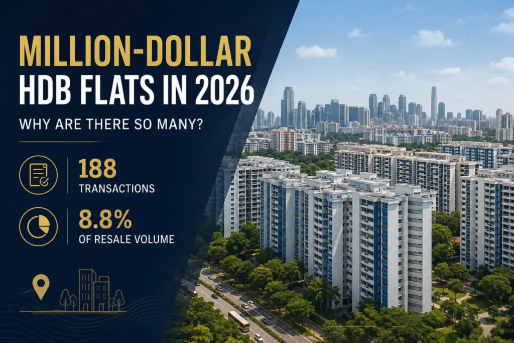 Banner with navy panel and city skyline; gold headline reads 'Million-Dollar HDB Flats in 2026' and shows '188 TRANSACTIONS' and '8.8% OF RESALE VOLUME'.
