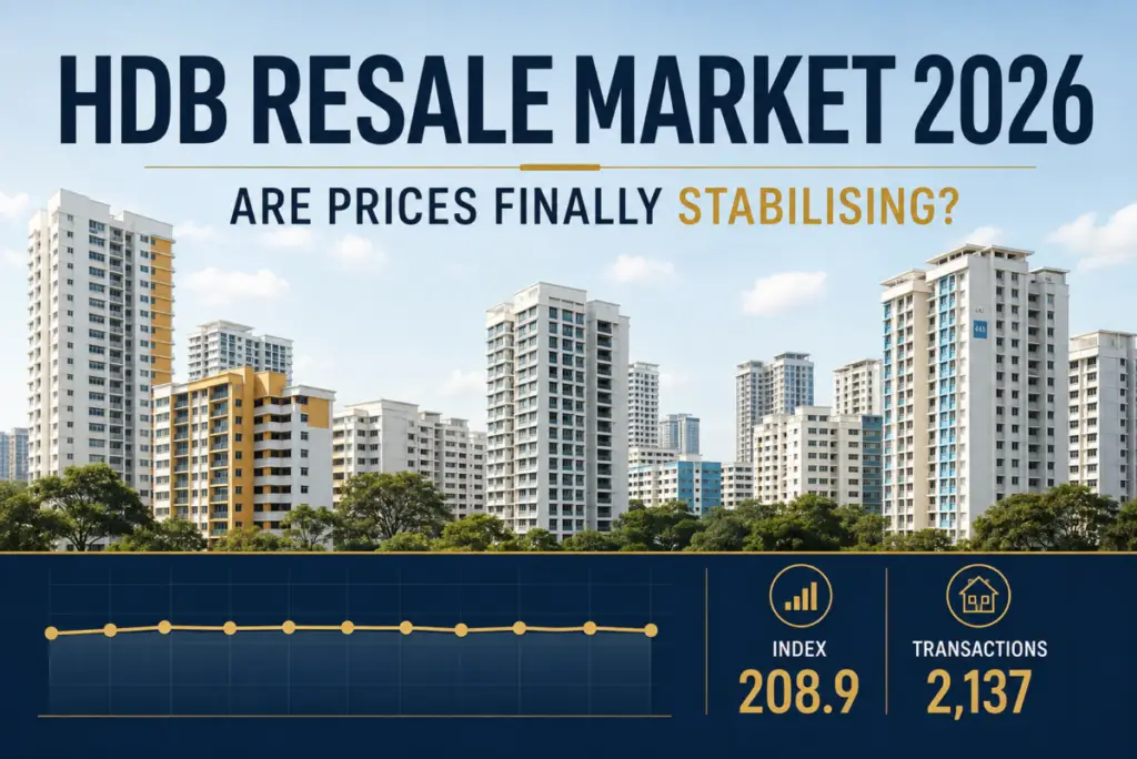 Infographic showing HDB skyline with the title 'HDB Resale Market 2026' and a question about price stability; index 208.9 and 2,137 transactions displayed.
